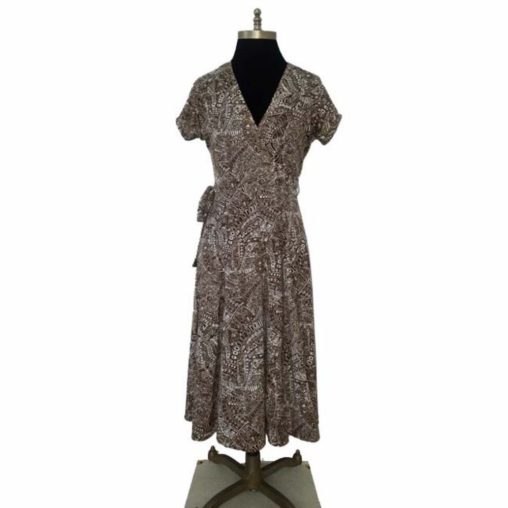 Vtg 70s Fit Flare Print Wrap Dress XS-S